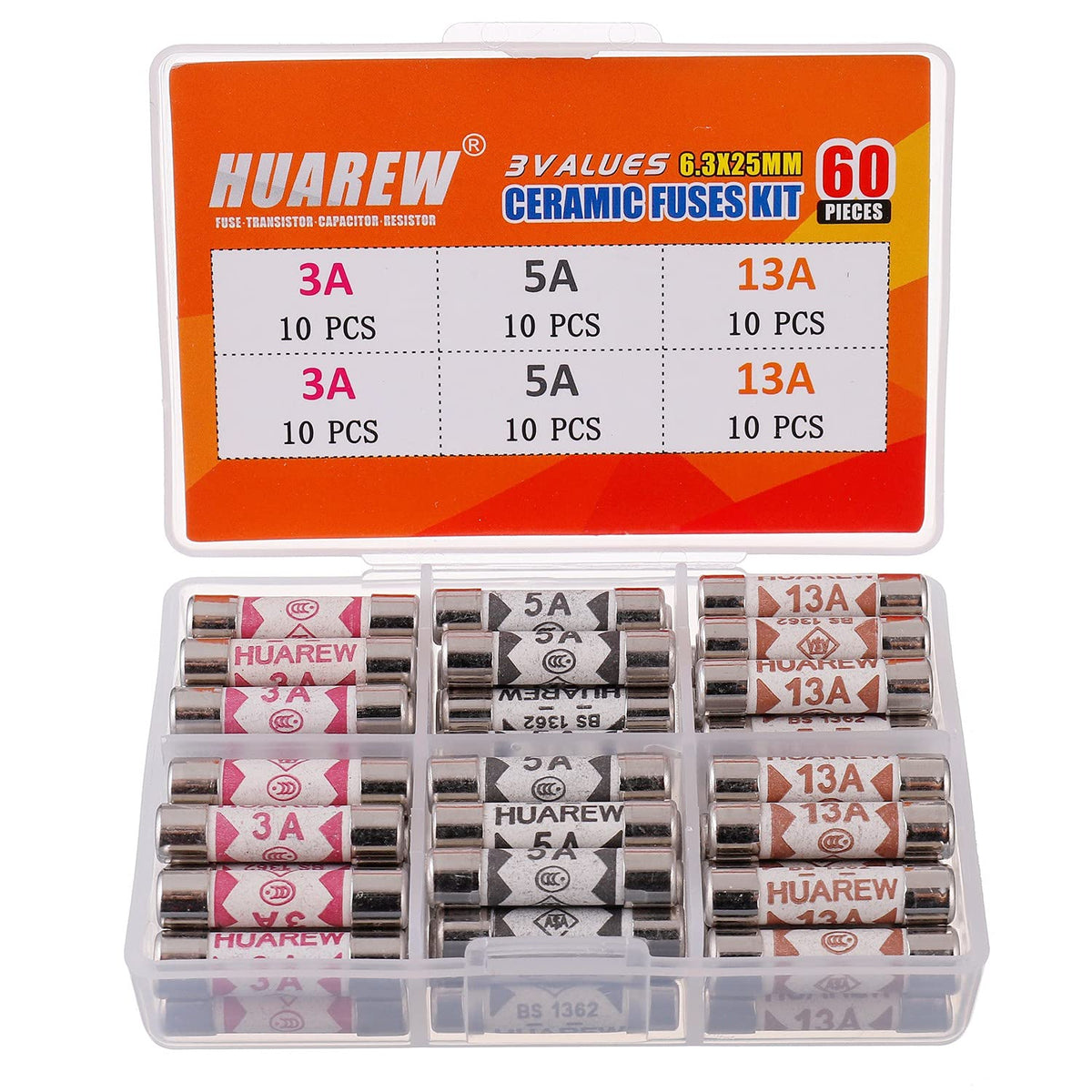 5 Values 100 Pcs 6.3x25 mm BS1362 1 3 5 10 13 A amp 240 V volt 0.248x0.984 Inch Ceramic Tube Fuses Assortment Kit