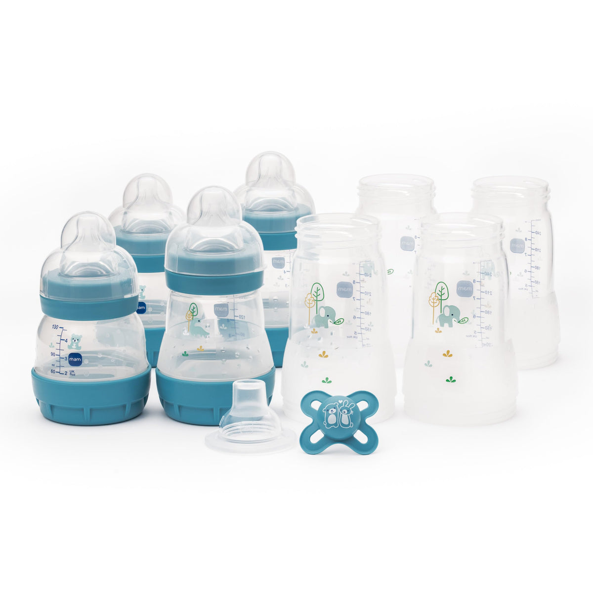 MAM Easy Start Anti-Colic Bottle Starter Set | Includes 4X Feeding Bottles and MAM Original Start 0-2 Month Soother | Self-Sterilising | Baby Gift Set of Newborn Essentials | White (Various Designs)