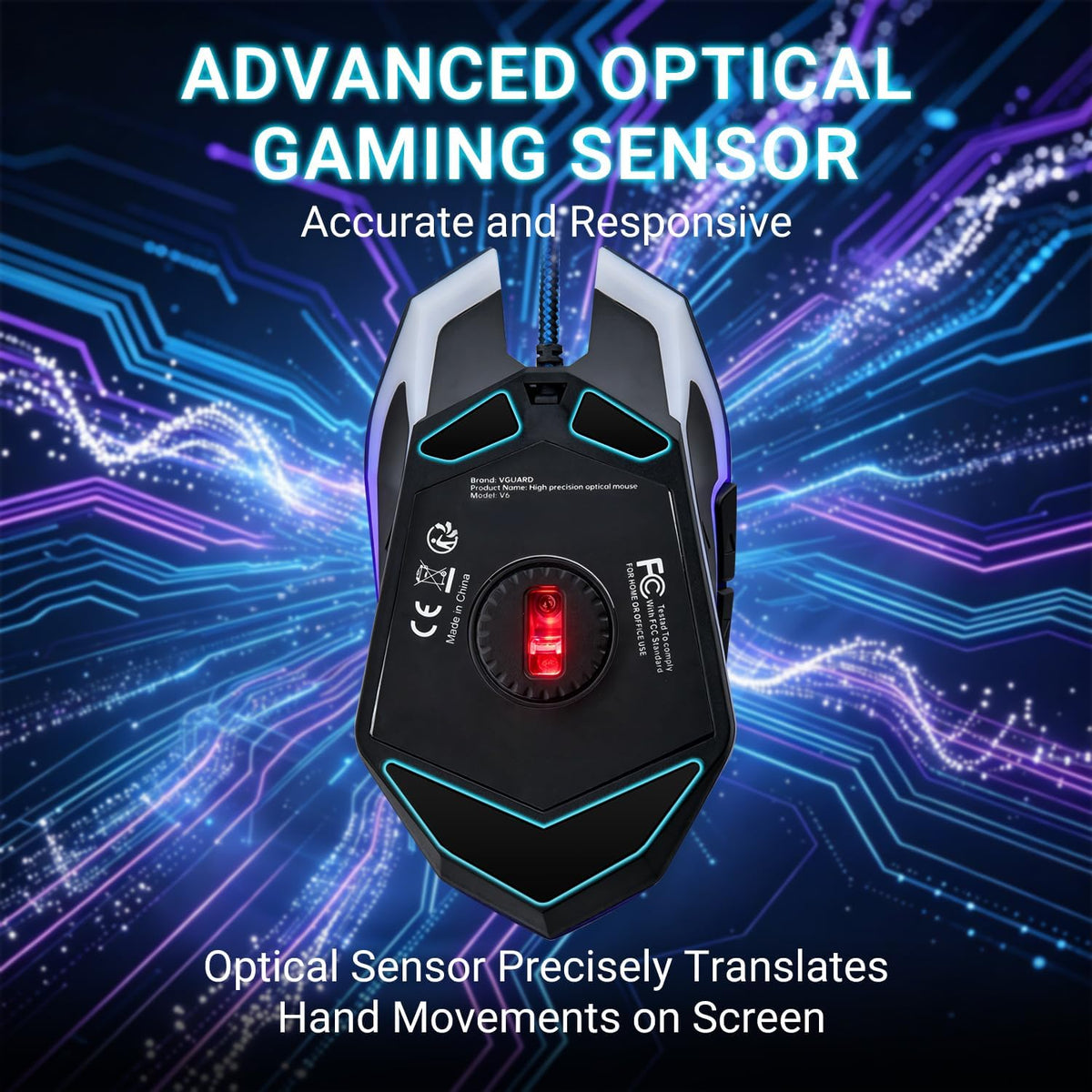 VGUARD Wired Gaming Mouse, 3600 DPI Optical Sensor, RGB Backlit Ergonomic USB PC Mice with 6 Programmable Buttons, 7 Colors LED, Professional Gamer Mouse for Laptop, Computer, Windows/Mac