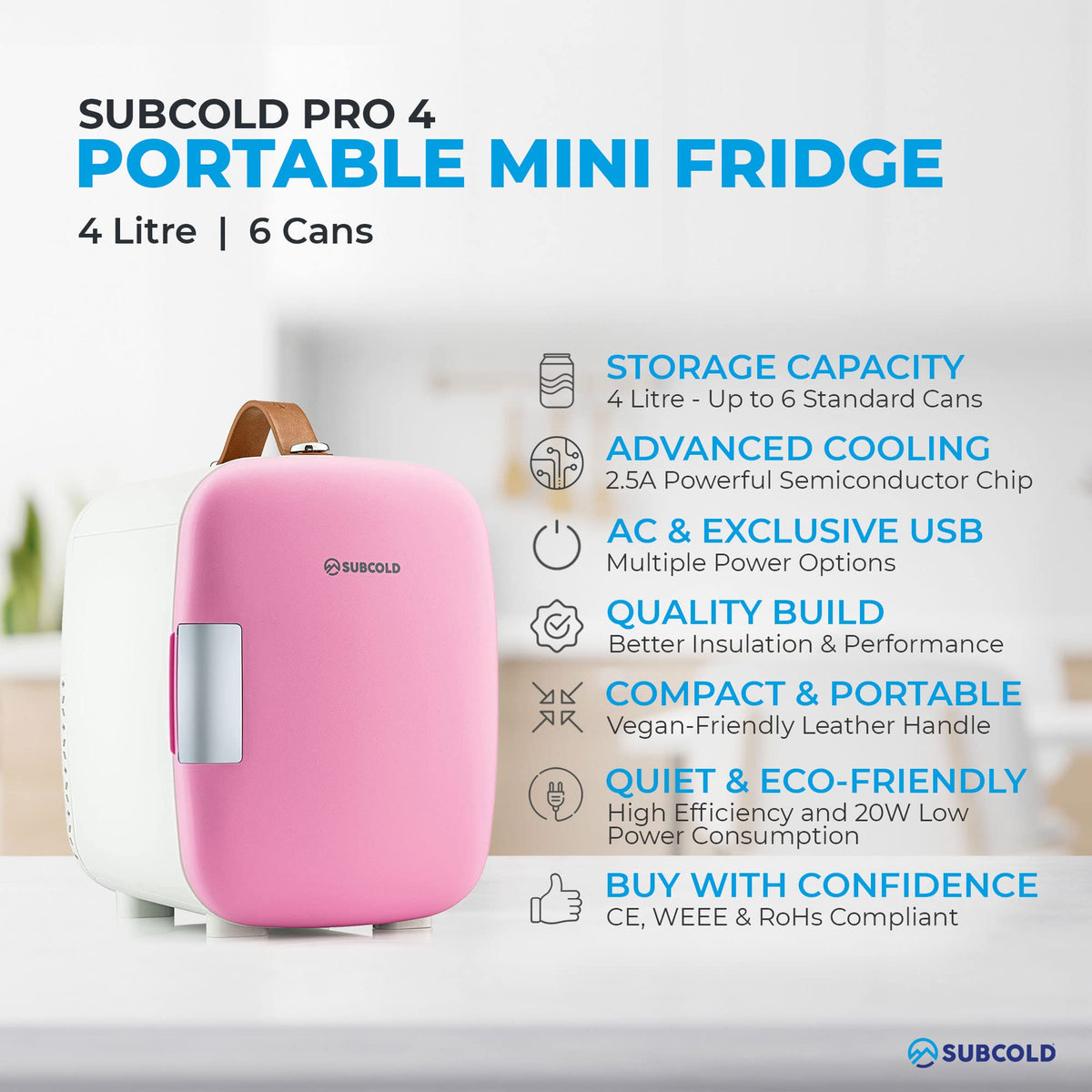 Subcold Pro4 Mini Fridge 4L, Quiet Small Fridge for Bedroom, AC & USB