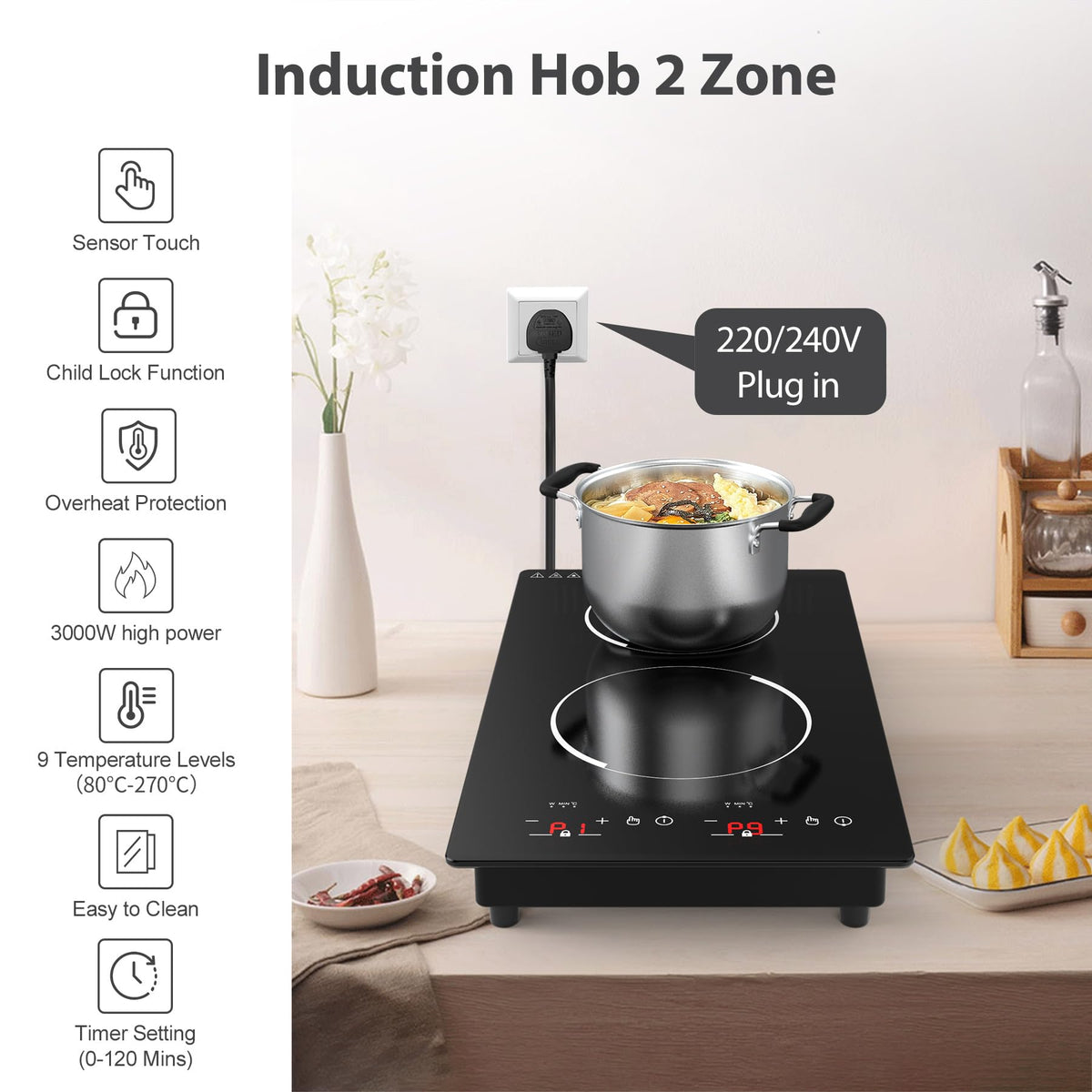 VBGK Portable Ceramic Hob, 2000W Portable Electric Hob, Electric Ceramic Hob, Single Cooking Zone with LED Display, 4-Hours Timer, Safety Lock, Residual Heat Indicator