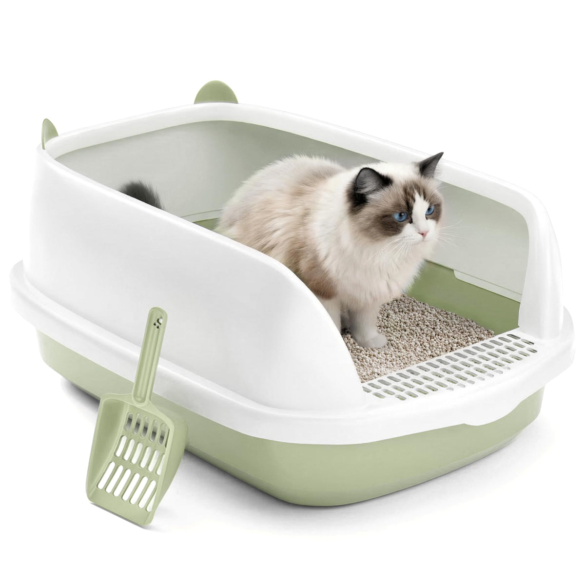 Cat Litter Tray Box, Litter Box, Plastic Cat Open Top Litter Tray with Free Scoop Kitten Detachable Rim Easy Cleaning,49 x 38 x 23cm (Grey)