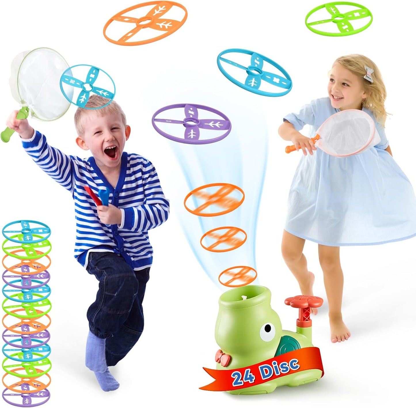 Kids Outdoor Toys, Autism Sensory Equipment, Garden Toddler Toys for 3 Years Old Boys and Girls, Flying Disc Launcher Toy with 24 Saucers, Outdoor Games for Kids 4-8, 8-12