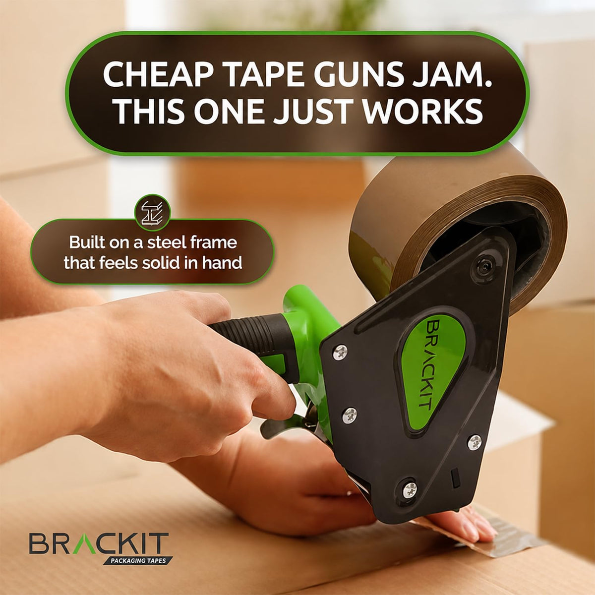 brackit Tape Gun Dispenser with 6 Brown Packing Tape Rolls 48mm x 66m