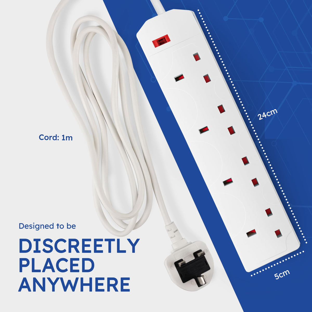 DESIRETECH Black Electric Extension Lead - 4 Gang, 1 Metre Cable with UK Plug & 3 Pin Socket - Wall Mountable & Multi Socket Mains Strip for Home, Bedroom, Kitchen, & Office (1 Pack)