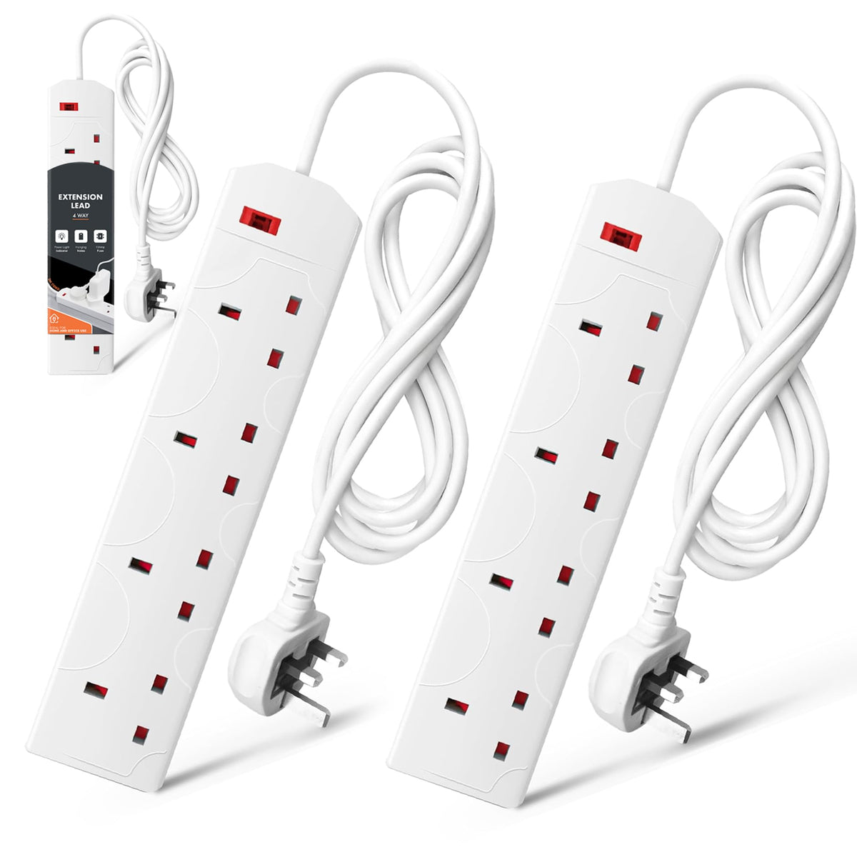Wolf Power 4 Way Extension Lead, 2 Metre Extension Cable with UK 3 Pin Plug, Multi Socket Power Strip, Wall Mountable, Suitable for Home, Office & Appliances (Black, 1 Pack)