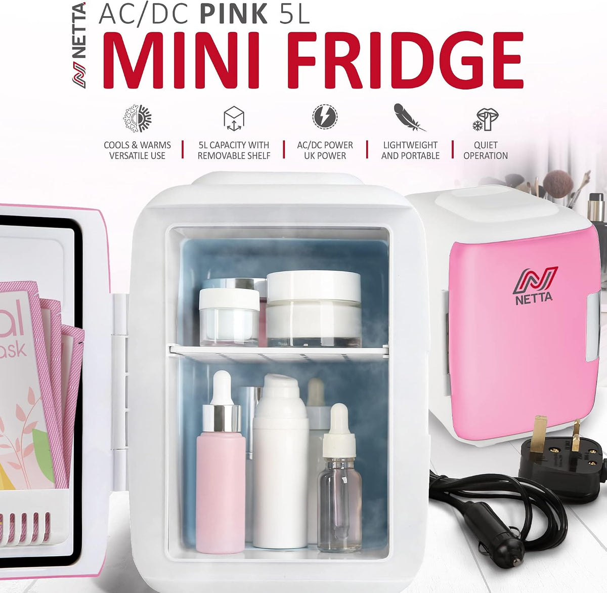 NETTA 5L Mini Fridge - Portable Small Fridge for Drinks, Snacks, Skincare - For Bedroom, Student Dormitory, Office With Cooling And Warming Function - AC/DC Portable – White