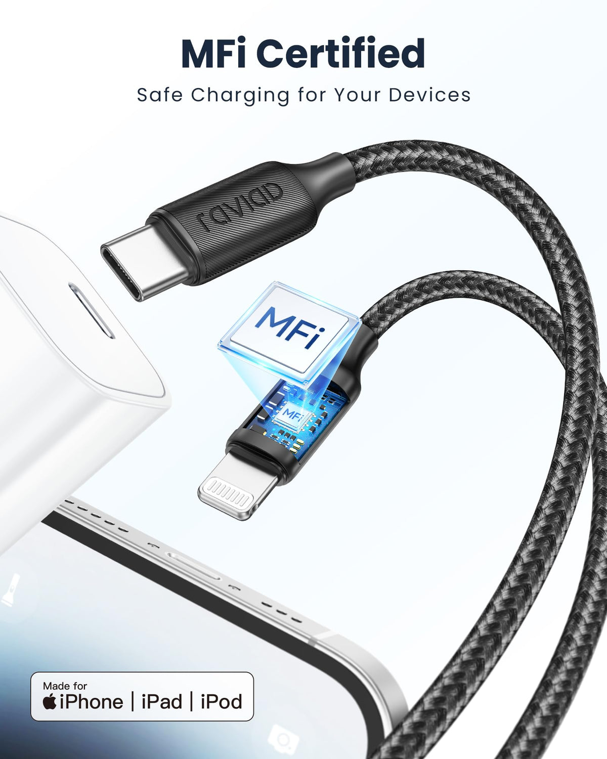 RAVIAD USB C to Lightning Cable 1M [MFi Certified]iPhone Fast Charger Cable
