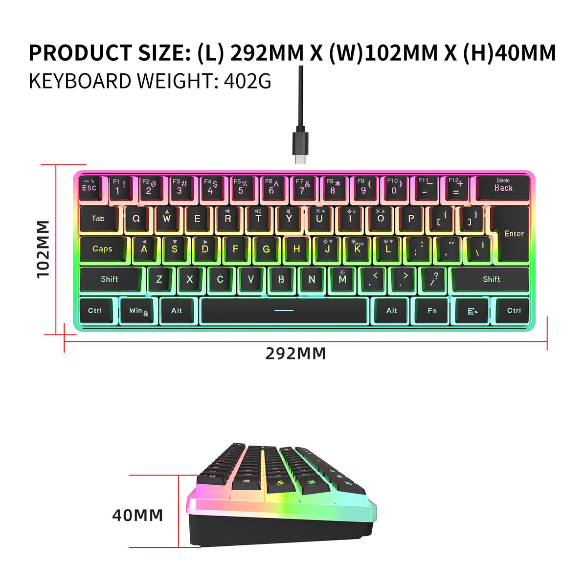 Snpurdiri Wired Mechanical Gaming Keyboard, 60% Size, LED Backlight, 61 Keys, Small Wired Office Keyboard for Windows Laptop/PC, Mac (Black-Red, Blue Switches)