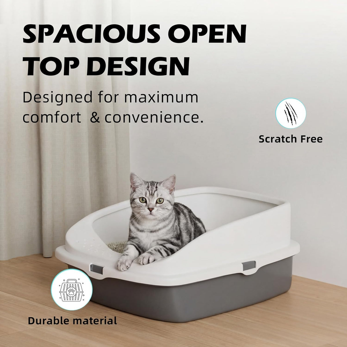 Cat Litter Tray Box, Litter Box, Plastic Cat Open Top Litter Tray with Free Scoop Kitten Detachable Rim Easy Cleaning,49 x 38 x 23cm (Grey)