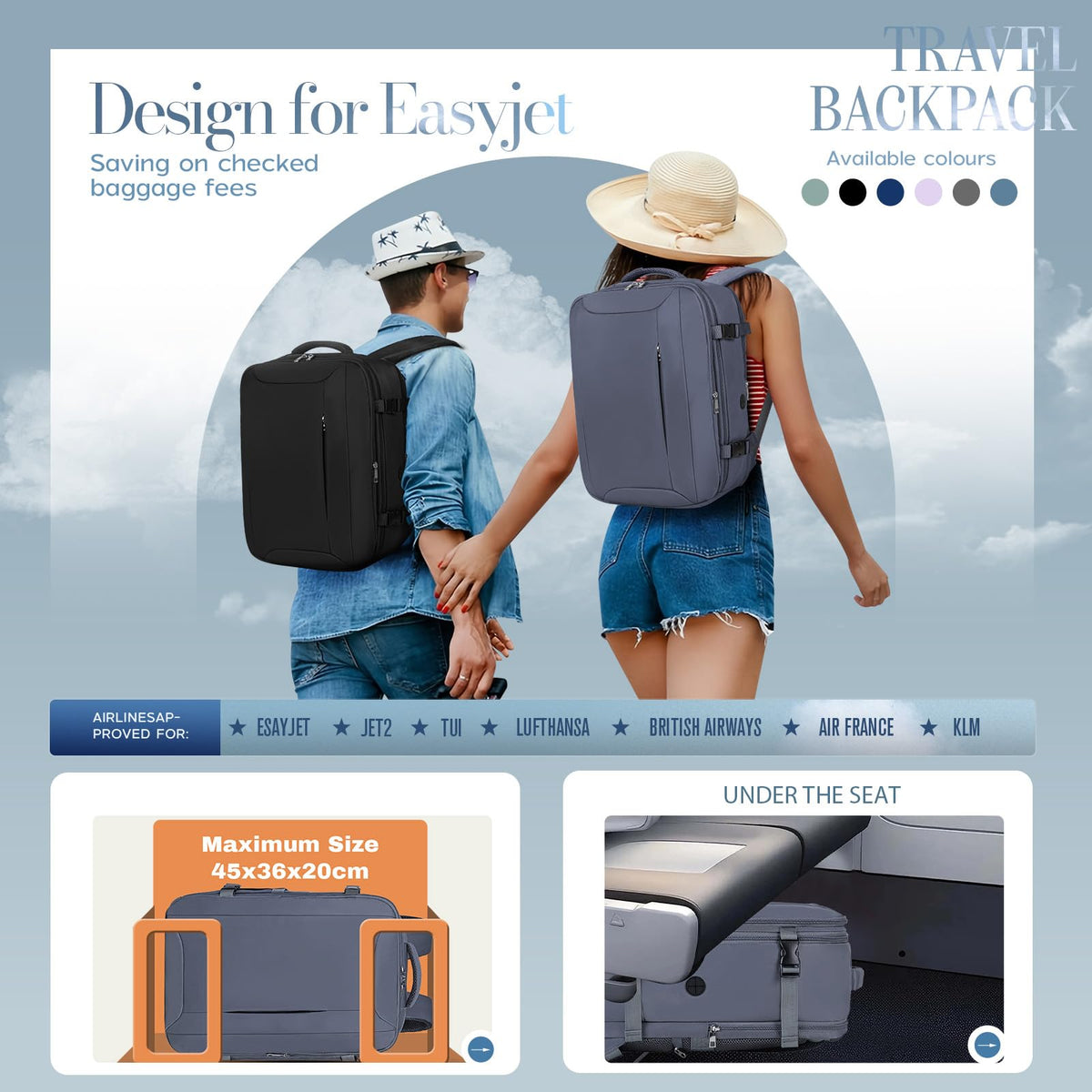 Xkdoai for Ryanair Cabin Bags 40x30x20,Backpack with TSA Approved Clear Bag