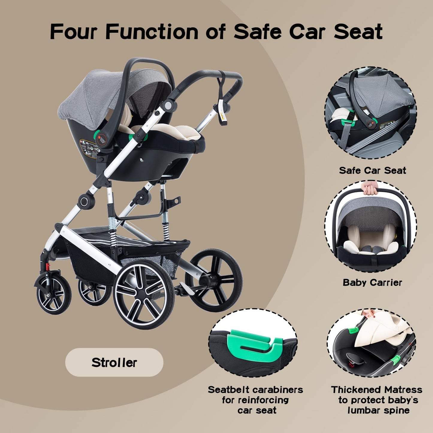 Zkipm Baby Pram 3 in 1, Foldable Baby Stroller,Pram Set Travel with Adjustable-Height Push Handle, Present Rain Cover, Mosquito Net, Bag, Cooling Mat, ect for Ages 0–3