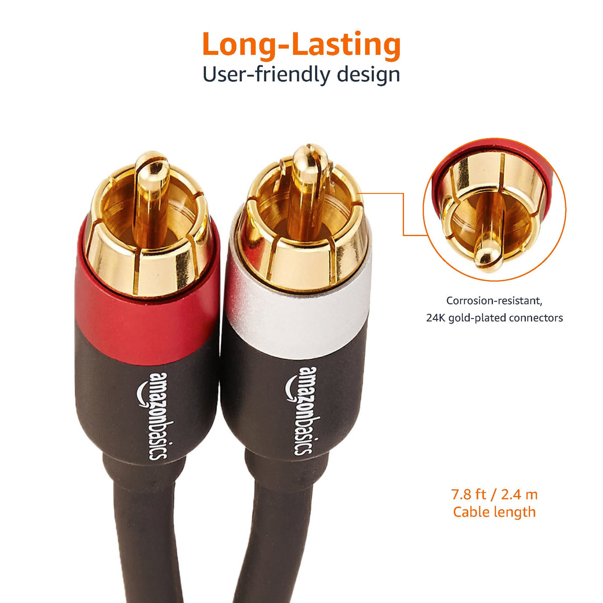 Amazon Basics 2 RCA Audio Cable for Amplifier,Active Speakers or Subwoofer with Gold-Plated Plugs, 4.6 m, Black