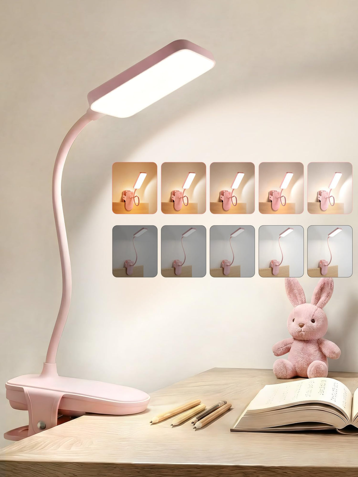 Reading Light,9 Brightness+5 Colors Clip on Light, LED Desk Lamp Table Lamp
