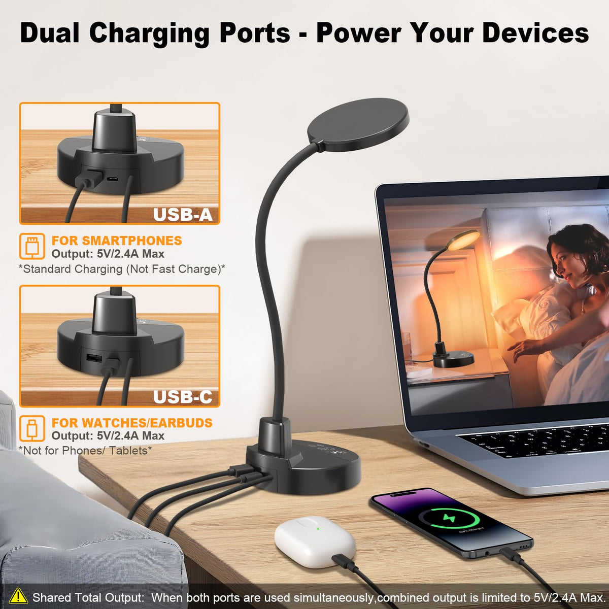 60 LED Desk Lamp with USB Charging Ports – Dimmable Table Lamp with 3 Color Temps, 5 Brightness, 4 Timers, 15W Flexible Gooseneck Light with Base, Eye-Caring Reading Light for Home Office, Bedroom