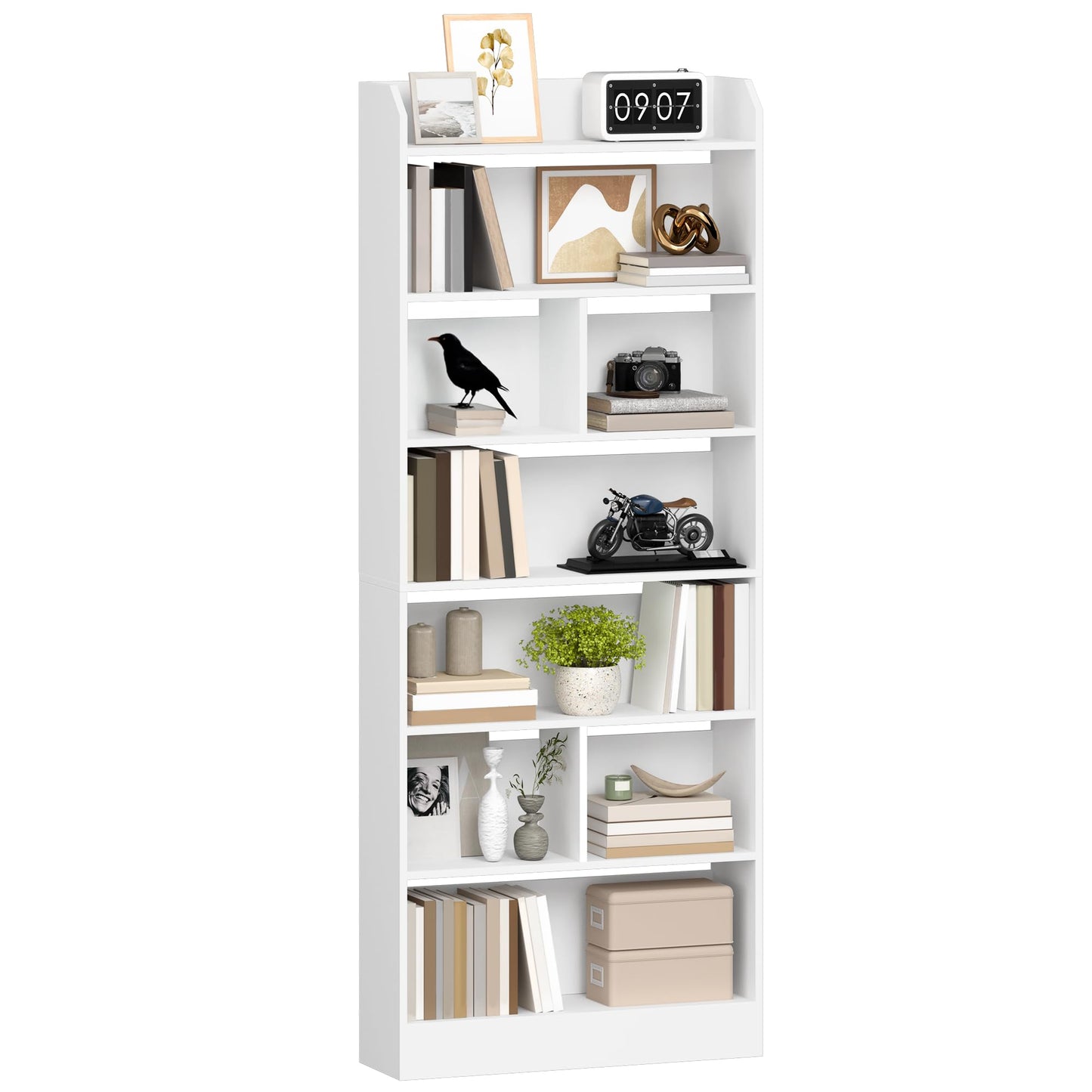 Hzuaneri 6-Tier Bookcase, Bookshelf with 8 Adjustable Storage Shelf Unit, White Bookcase for Living Room, Home Office, Bedroom, Study, 24 x 60 x 199 cm, White, BC11703X