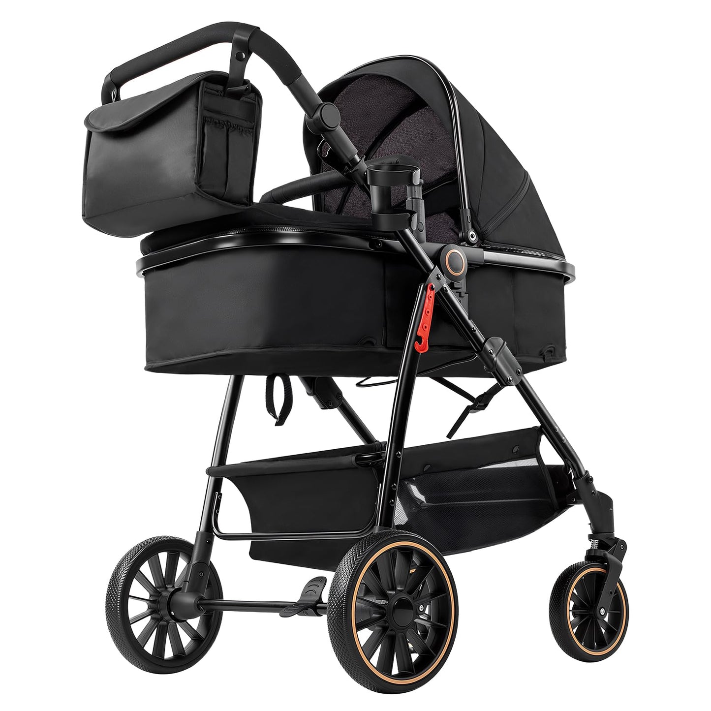 PU Leather 3 in 1 Pushchair Travel System, Toddler Stroller, Baby Pram 3 in 1, Infant Carriage with One-Click Folding, Newborn Buggy with Aluminum Frame (V6 Black)