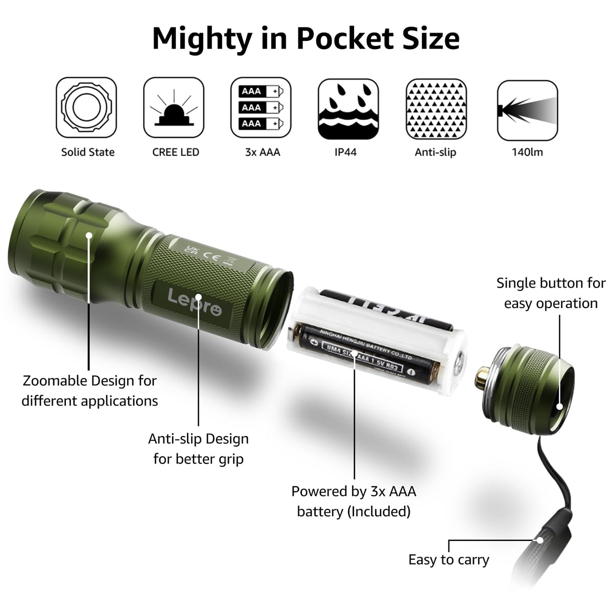 Lepro LE LED Torch Battery Powered, Camping Flashlight, Adjustable Focus