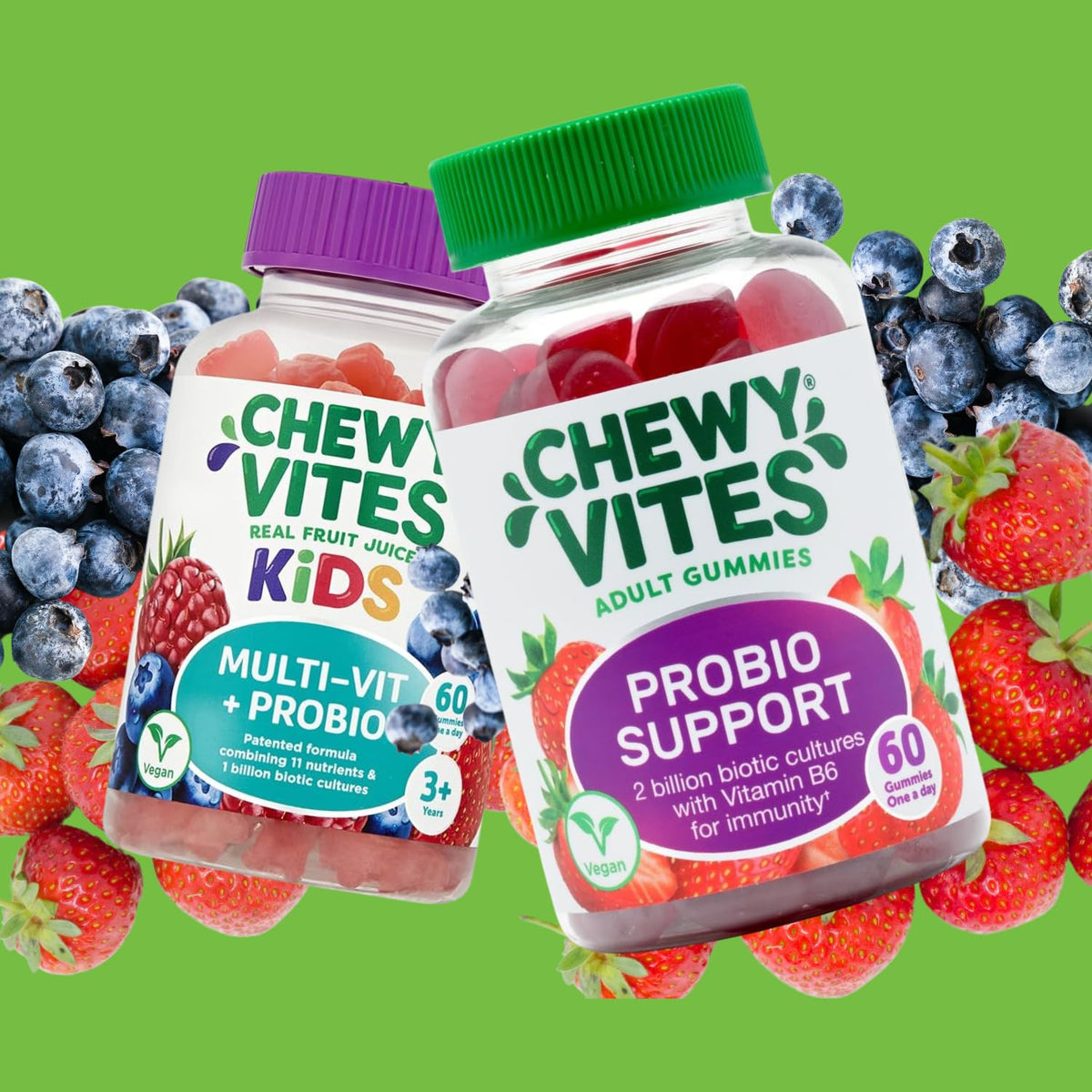 Chewy Vites Kids Multivitamin Advance, 60 Kids Vitamins Gummies, 11 Essential Nutrients, 2 Months Supply, Real Fruit Juice, Vegan, Age 3 +, Blueberry and Raspberry Flavour