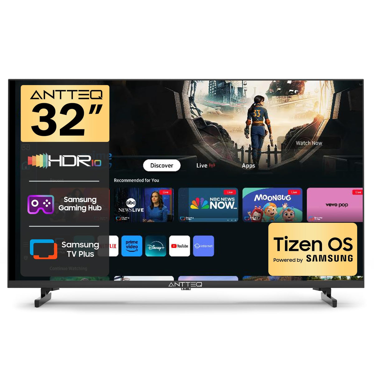 Antteq 32 Inch TV, Central Stand Design TV 720P Freeview HD Dolby Audio DVB T2/S2 LED Television, HDMI USB Media Player Monitor PS5 Xbox, Standard Nonsmart TV Small Screen for Bedroom Kitchen Black