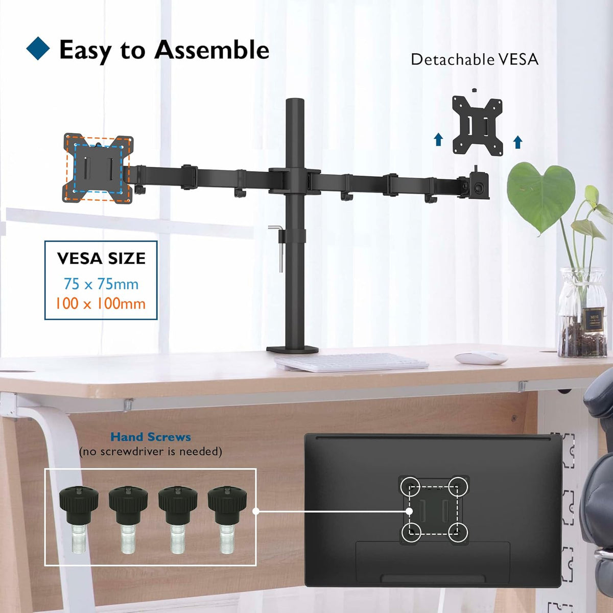 BONTEC Dual Monitor Arm Desk Mount for 13–27 Inch Computer Screens, VESA 75x75/100x100, Full Motion Adjustable Monitor Arm with 360° Rotation, Height Adjustable up to 430mm, Max 10kg per Arm, Black