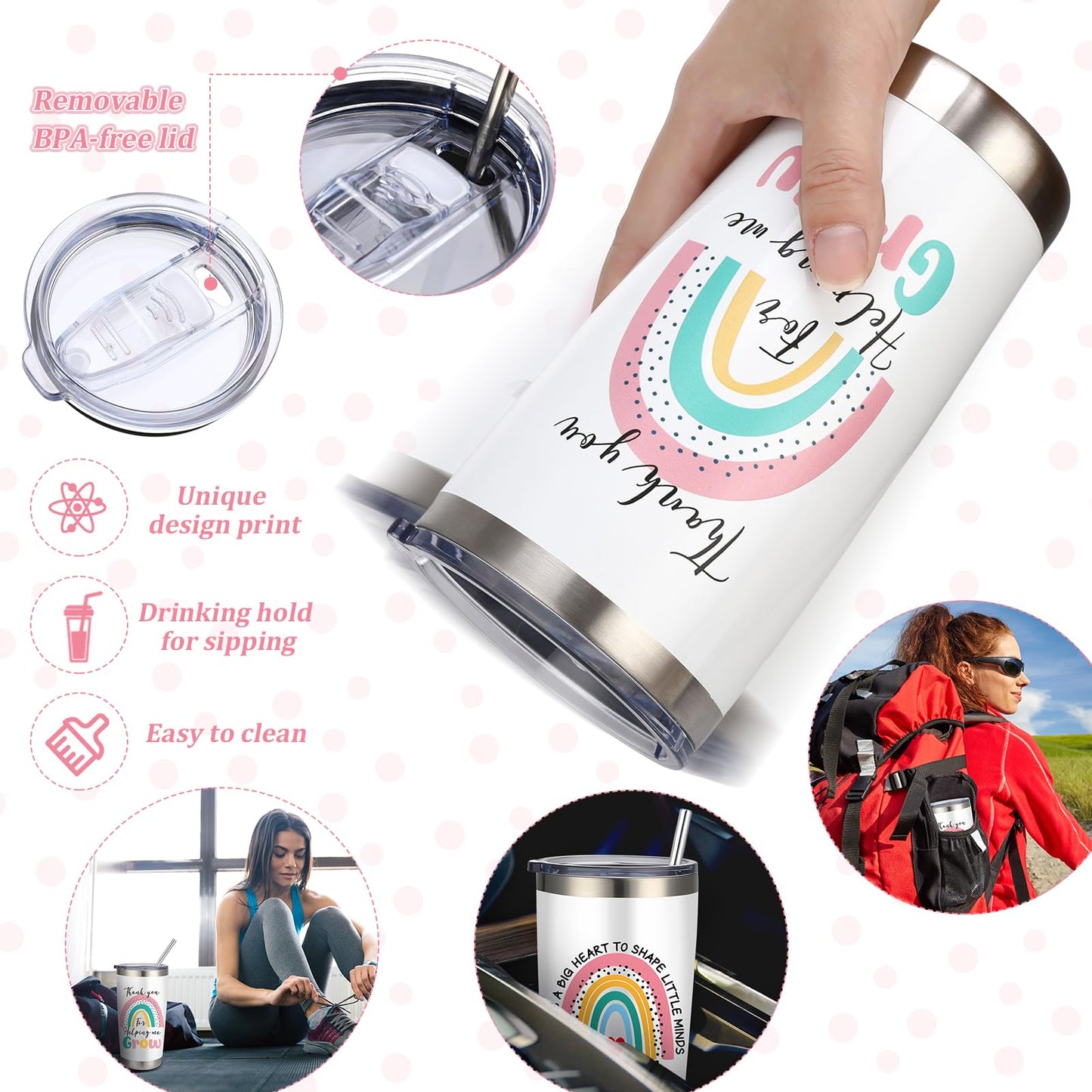 saerryor Teacher Present for Women,20oz WhiteTeacher Travel Mug Makeup Bag Bookmarks Stone Braclect Greeting Card Thank You for End of Term Back to School, White