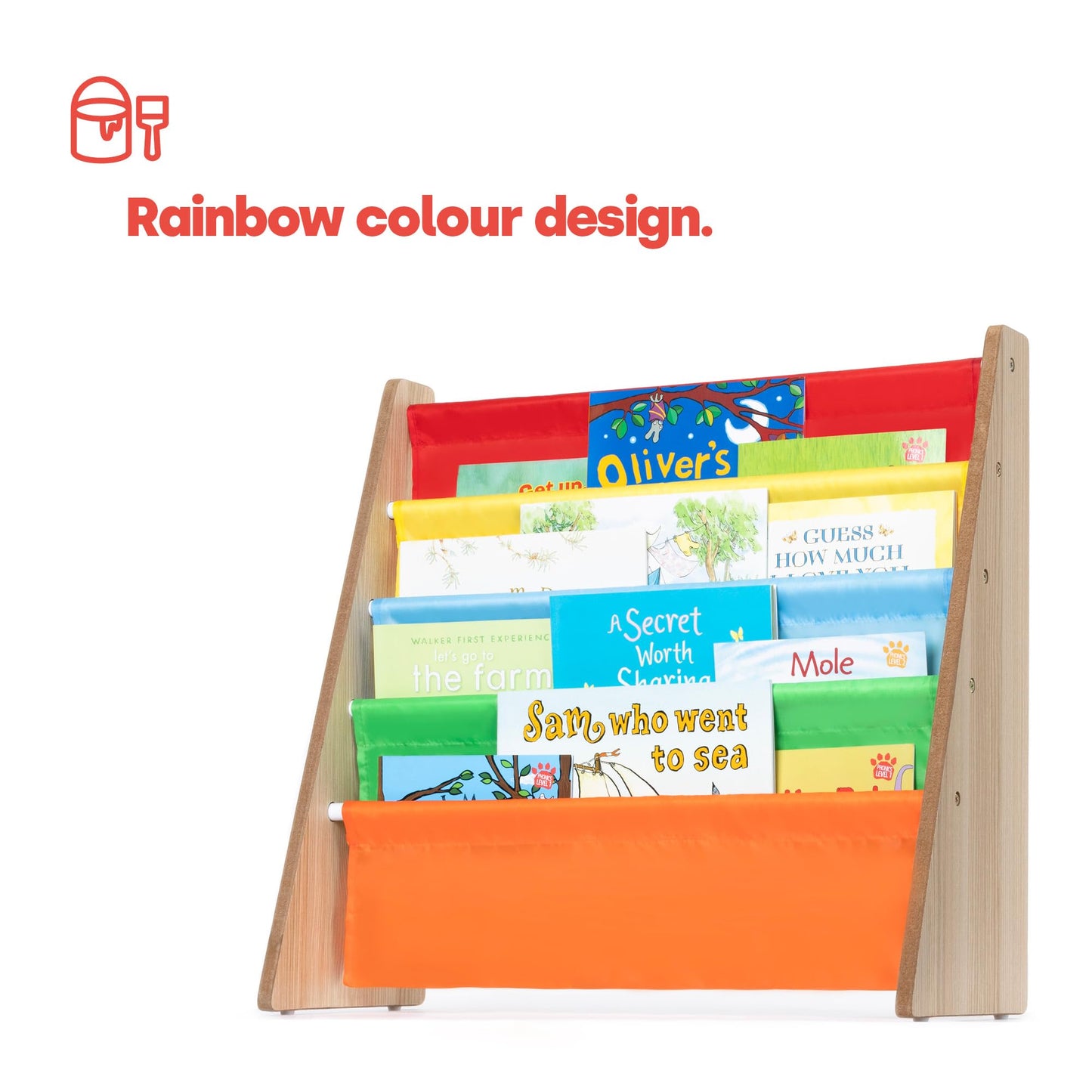 LIVIVO Colorful Kids Bookshelf - 4 Tier Children's Bookcase, Magazine and Book Storage Rack, Wooden Sling Book Organizer, Book Shelf for Kids Room, Bedroom, Nursery, Playroom (Natural)