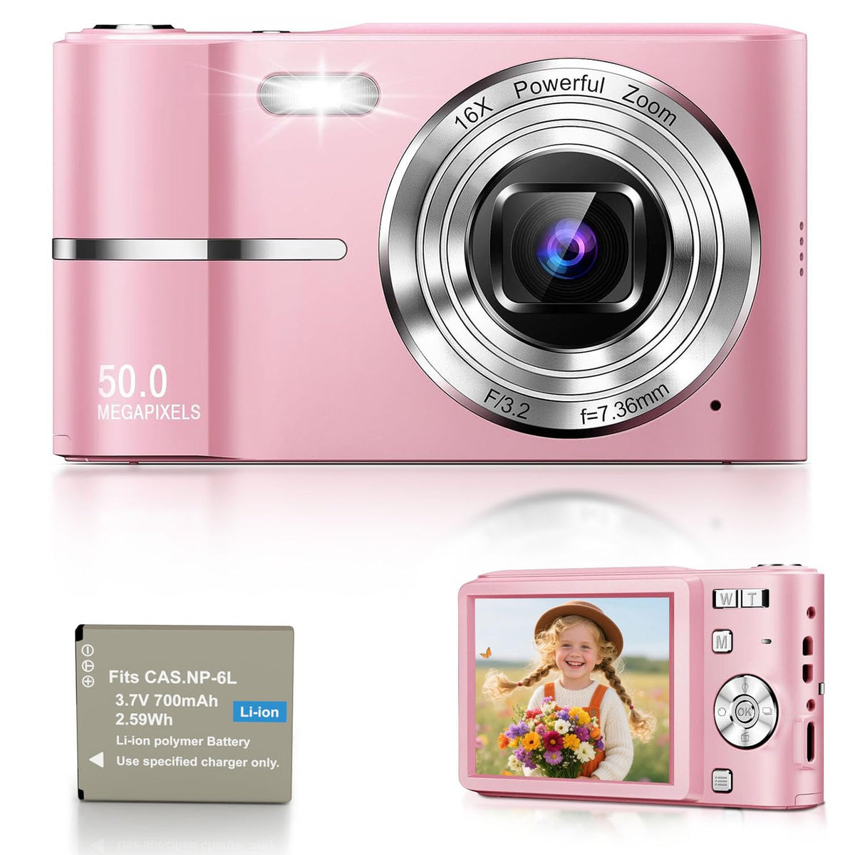 Digital Camera, 1080P FHD Vlogging Camera 50MP Compact Portable Photo Camera with 2.4" Screen, 16X Digital Zoom Mini Small Pocket Camera for Kids Students with 1 Battery, 16GB Card (Black)