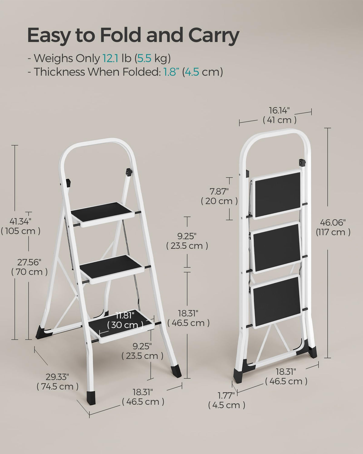 SONGMICS 2-Step Ladder, Folding Step Ladder, Safety, Holds up to 150KG