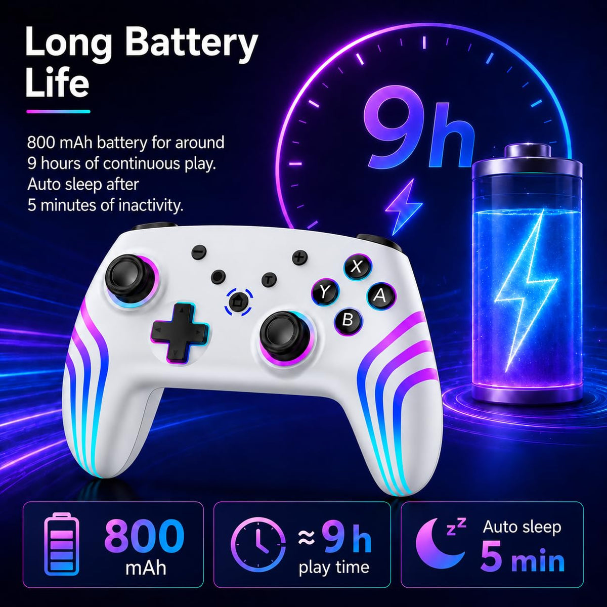 Riscvma 2pcs Controller for Switch/Switch 2/Lite/OLED/PC, Wireless Controller for Switch with 7 Color Changing RGB Lighting/Dual Vibration/6 Axis Gyroscope/Turbo, Ergonomic Precise Joystick