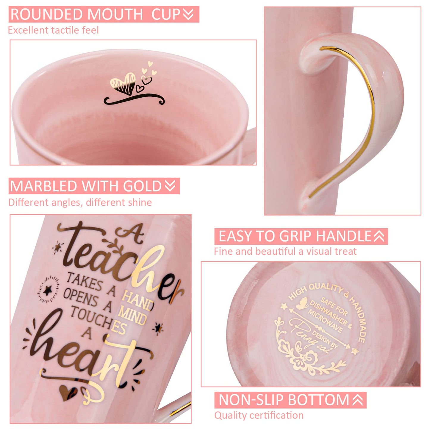 Unique Teacher Appreciation Gifts for Women - Best Teacher Gifts for Teachers, 14oz Pink Marble Ceramic Coffee Mug Printed with Gold, Retirement Birthday Graduation Ideas, End of The Year, Gift Boxed