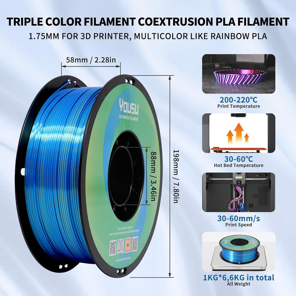 YOUSU 3D Printer Filament Bundle,Glow in The Dark Filament Multicolor,PLA Filament 1.75 mm,Green, Blue,Purple and Rainbow Accuracy +/- 0.03 mm,250g X 4 Pack