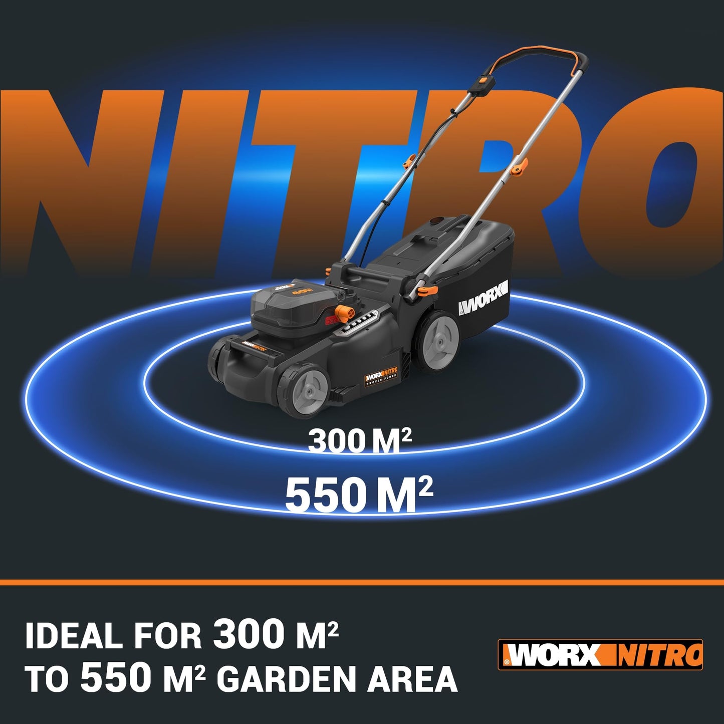 Worx WG779E.2 40V 34cm Cordless Lawnmower, ideal for Gardens up to 230㎡, Cut-to-Edge, striped Lawn Roller, foldable Handle, PowerShare, includes 2x 2.0Ah Batteries, Charger & 30L Grass collection bag