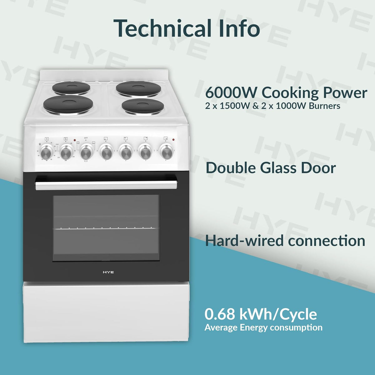 HYE 60cm Freestanding Cooker - Electric Cooker with Kitchen Stove, White
