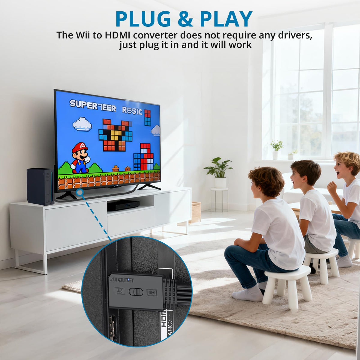 AUTOUTLET Wii to HDMI Converter 1080P 5ft/150 cm for Full HD Device, Adapter with HDMI Male Cable Output Compatible with Nintendo Wii, Wii U, HDTV, Monitor-Supports All Wii Display Modes