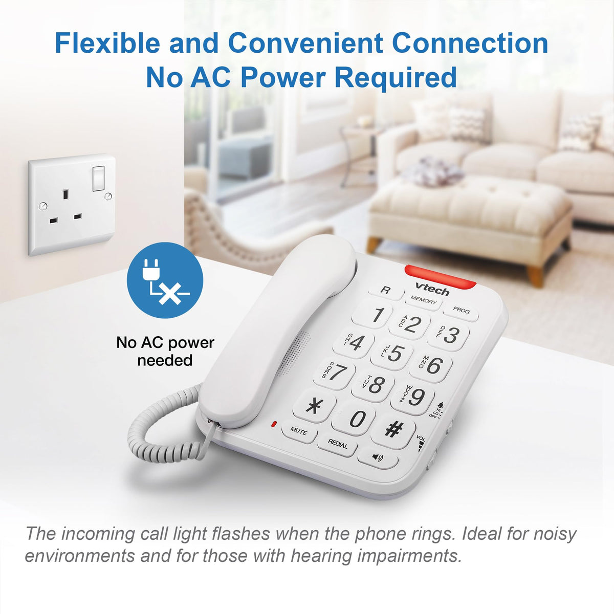 VTech CD1100 Trimstyle Corded Home Phone.No AC Power Required,Landline Phone with last number redial key,ringer control,receiver volume control,recall key,hearing aid compatible,table&wall mountable