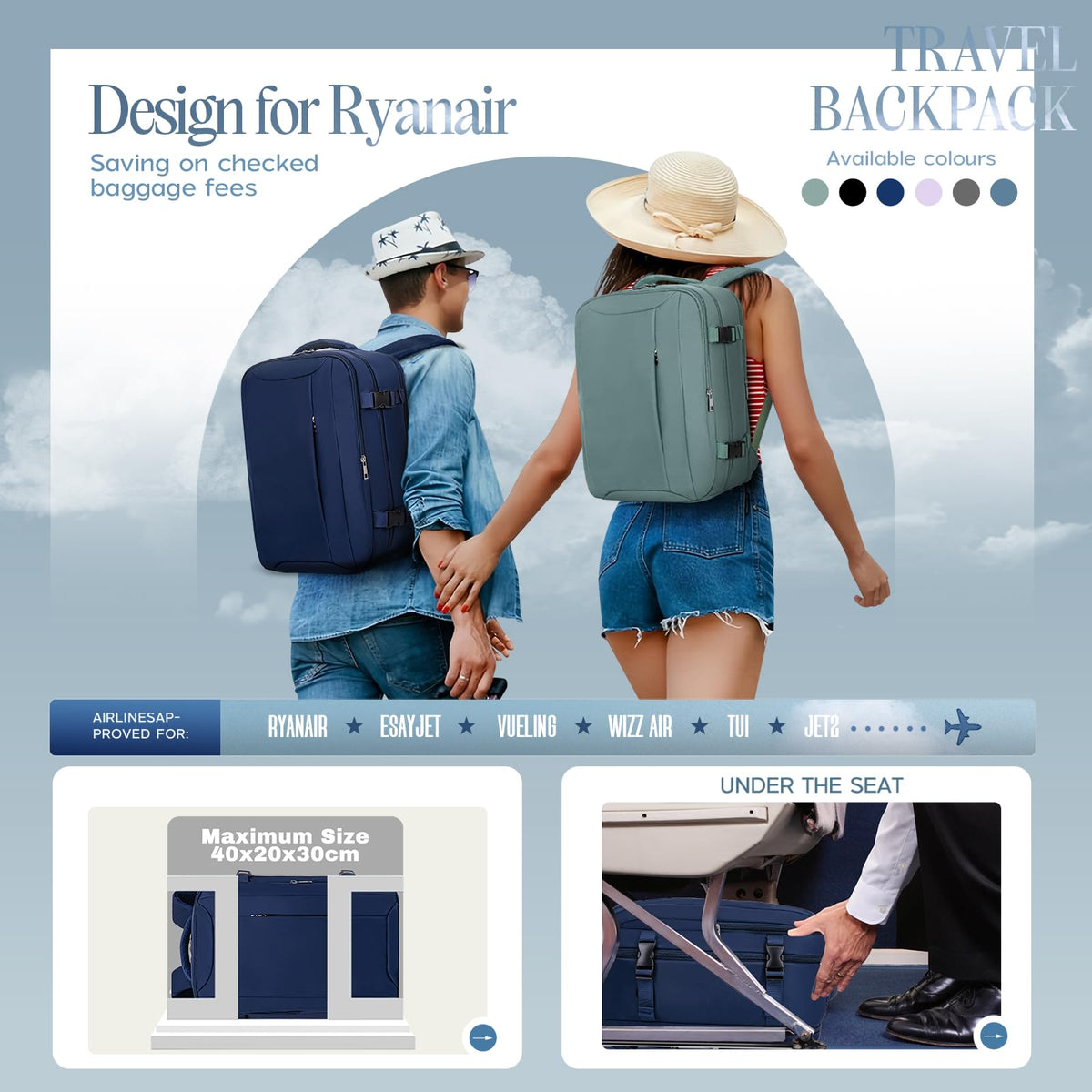 Xkdoai for Ryanair Cabin Bags 40x30x20,Backpack with TSA Approved Clear Bag