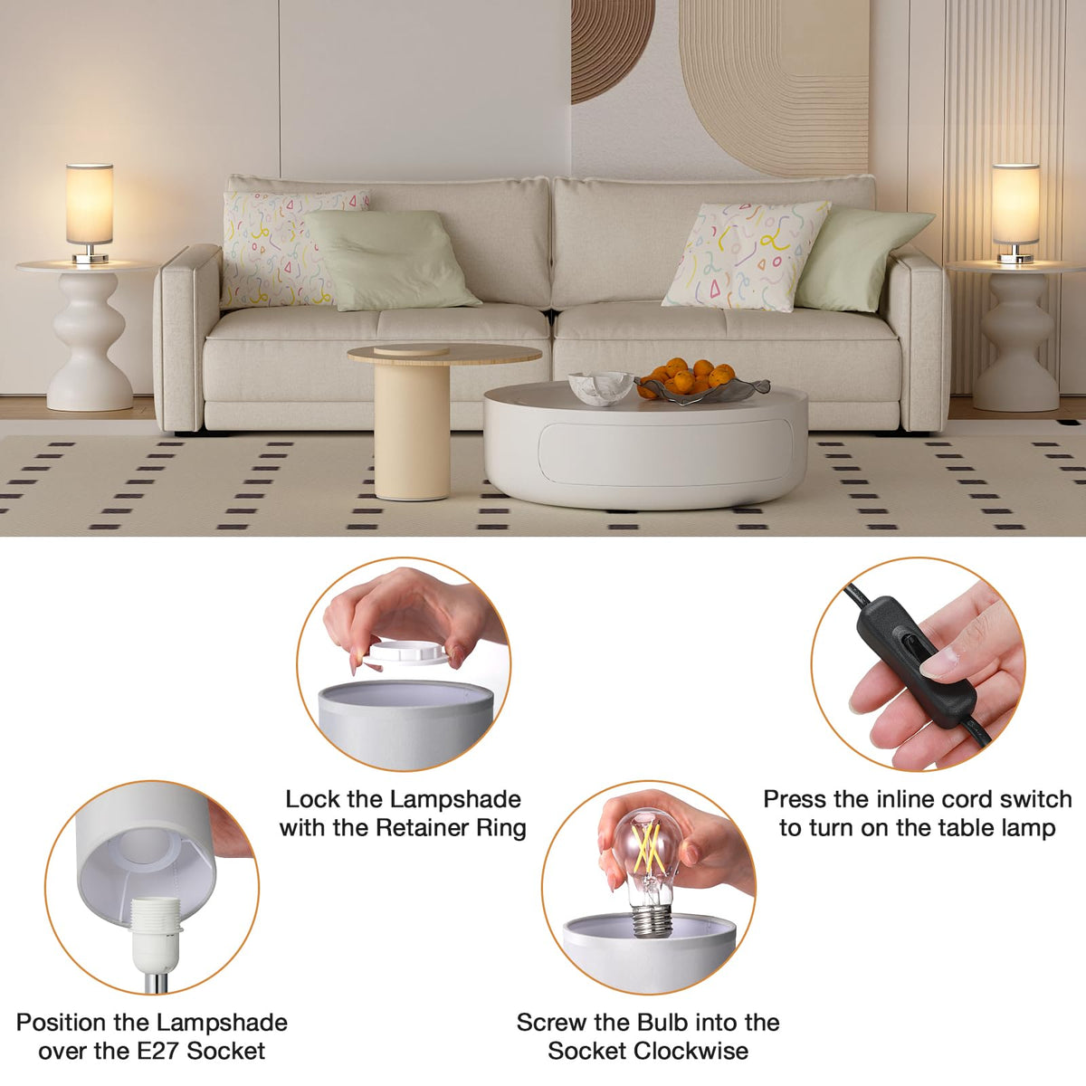 Aooshine Bedside Lamps, 3000K Warm Table Lamp for Bedroom Living Room