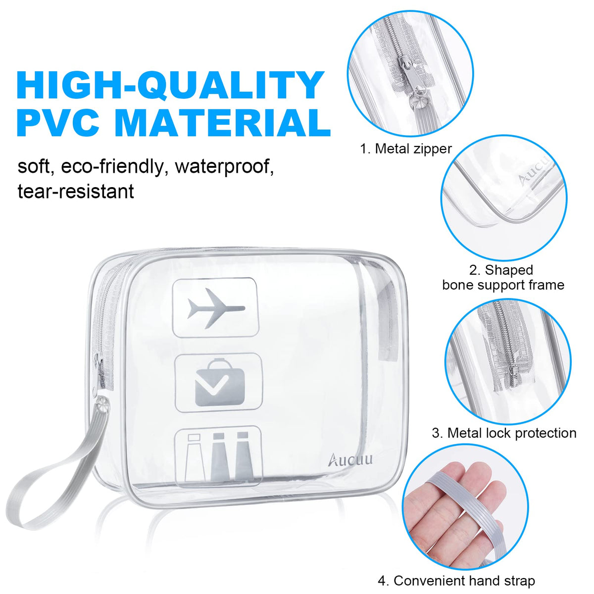 Aucuu Clear Toiletries Bag, 3 Pack PVC Waterproof Toiletries Carry Pouch, TSA Approved Travel Toiletry Bag with Zipper, Multi-Size Cosmetic Makeup Bags for Men, Women and Kids - Travel Business