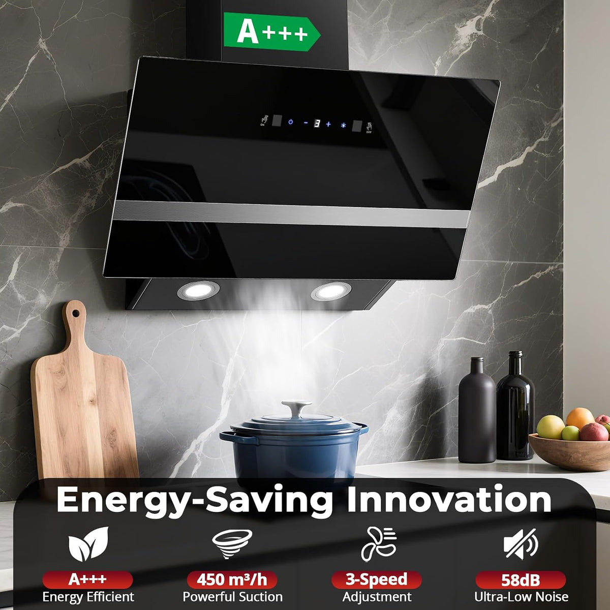 SNDOAS 90cm Cooker Hood, A+++, 450m³/h, 3 Speed & Booster, Black