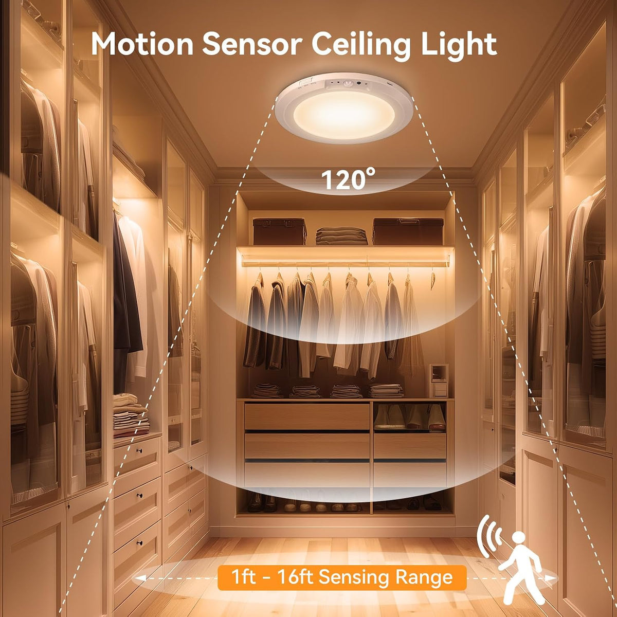 Motion Sensor Rechargeable LED Ceiling Light, Size 7.3", White, 1PCS