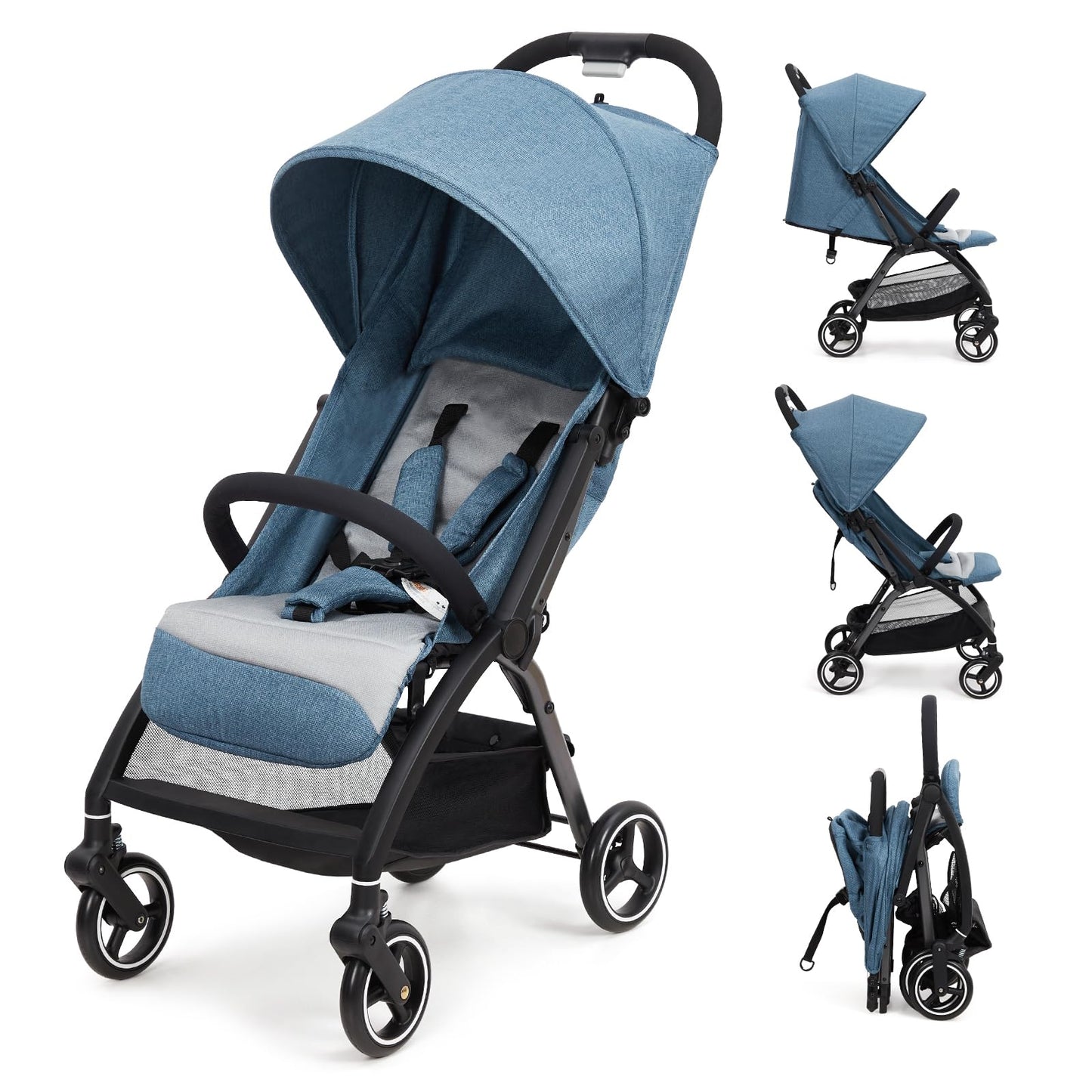 Lightweight Pushchair, Travel Stroller with 3 Recline Positions, Fully Reclining From Birth Up to 22 kg, Baby Stroller with Cup Holder & EVA Shock Absorbing Wheels, One-Click Foldable for Easy Carry-B
