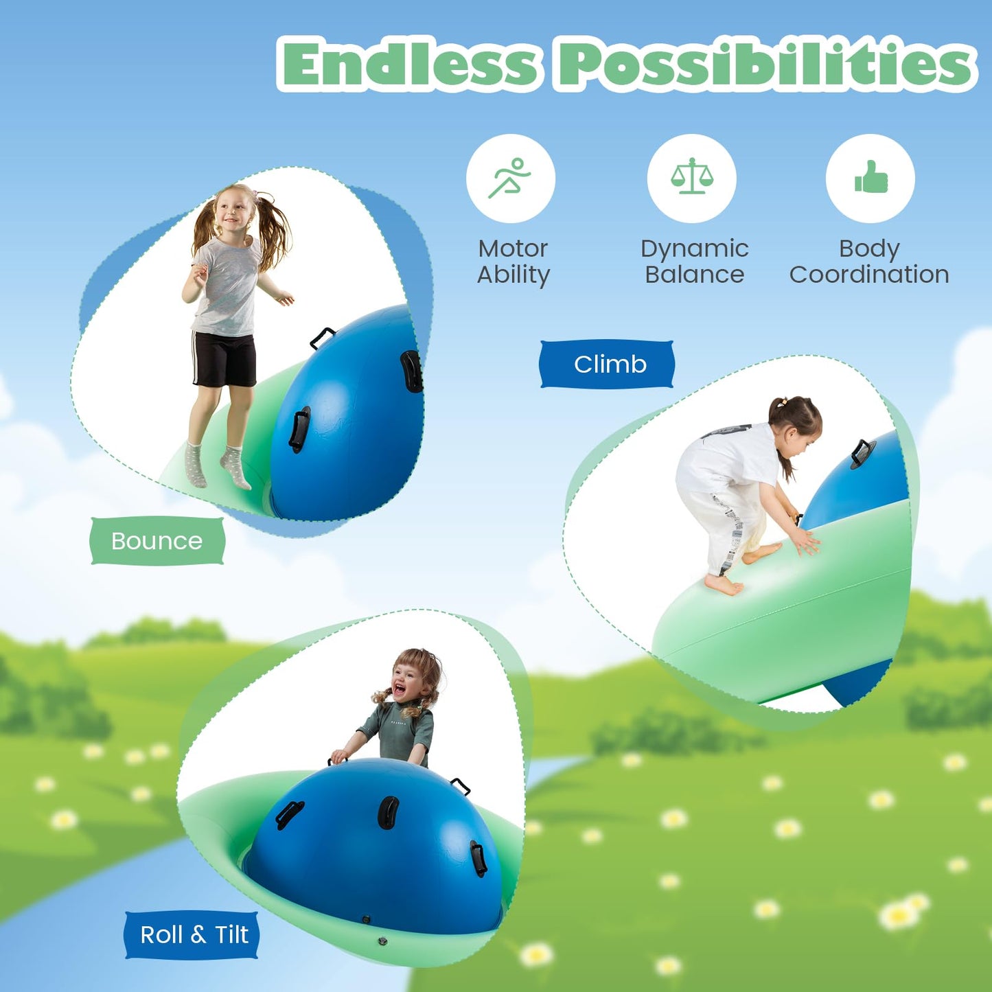GYMAX 88'' Inflatable Dome Rocker Bouncer, Giant Inflatable Rocking Planet with 6 Handles, Indoor Outdoor Large Blow Up Rocking Ball for 5 Years Old+ Boys Girls, Max Weight 113kg (Pink+Green)