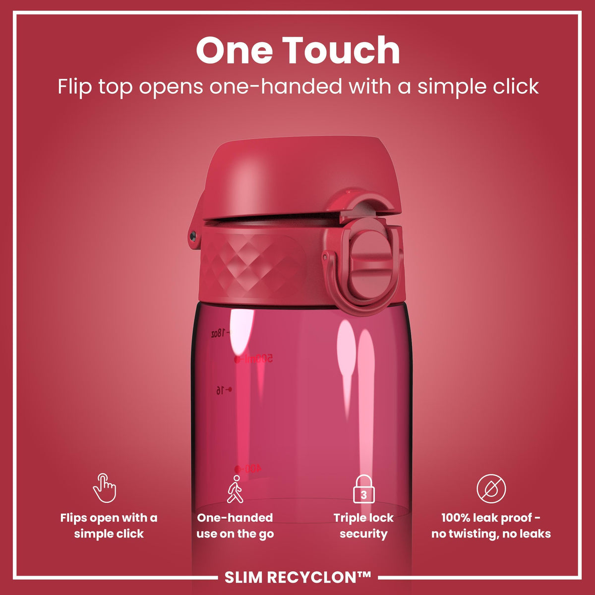 Ion8 Water Bottle, 500 ml/18 oz, Leak Proof, Easy to Open, Secure Lock, Dishwasher Safe, Hygienic Flip Cover, Carry Handle, Fits Cup Holders, Easy Clean, Hot Pink