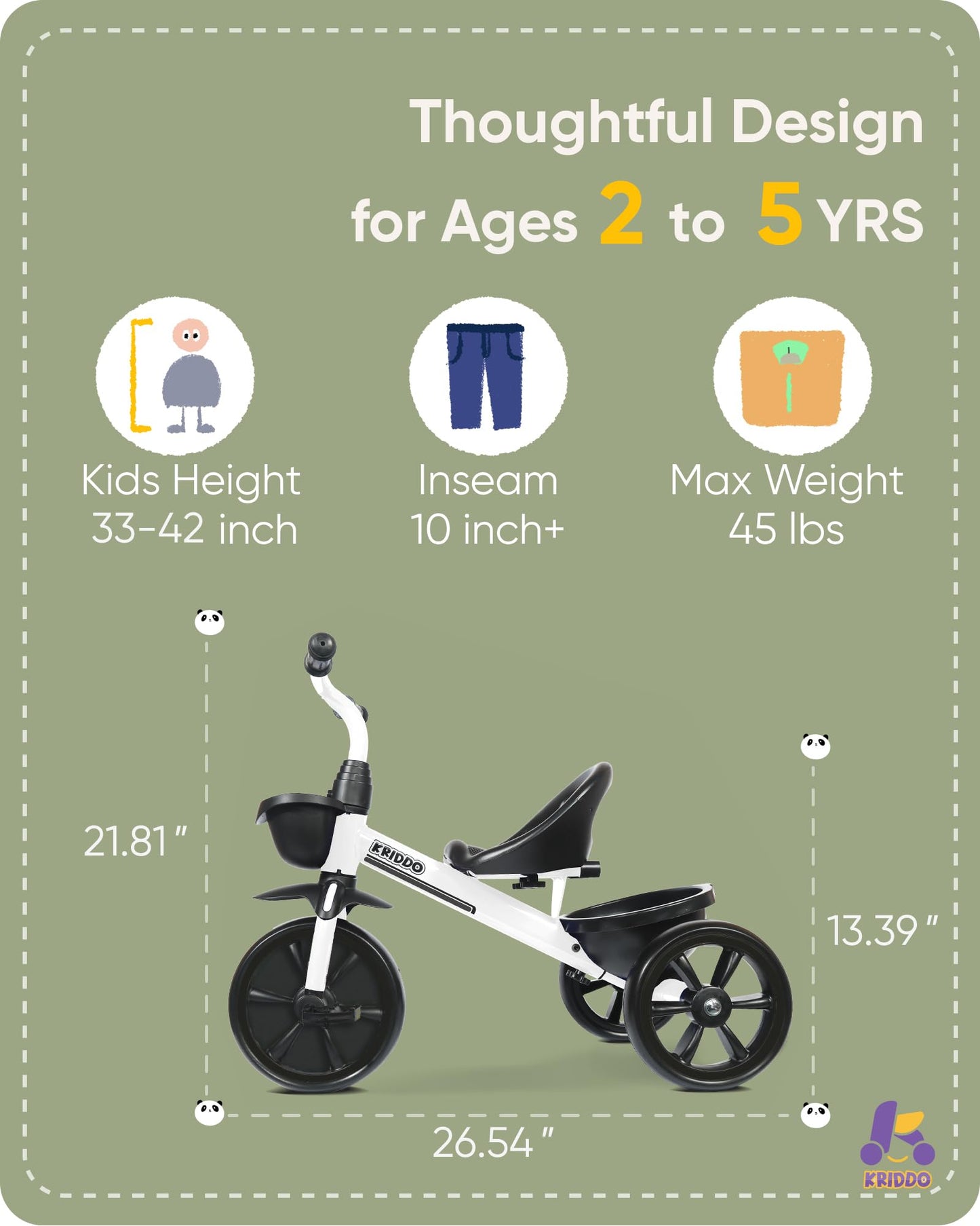 KRIDDO Toddler Tricycle — Anti-Tip Design, BPA-Free | Ages 18 Months to 4 Years | Pink