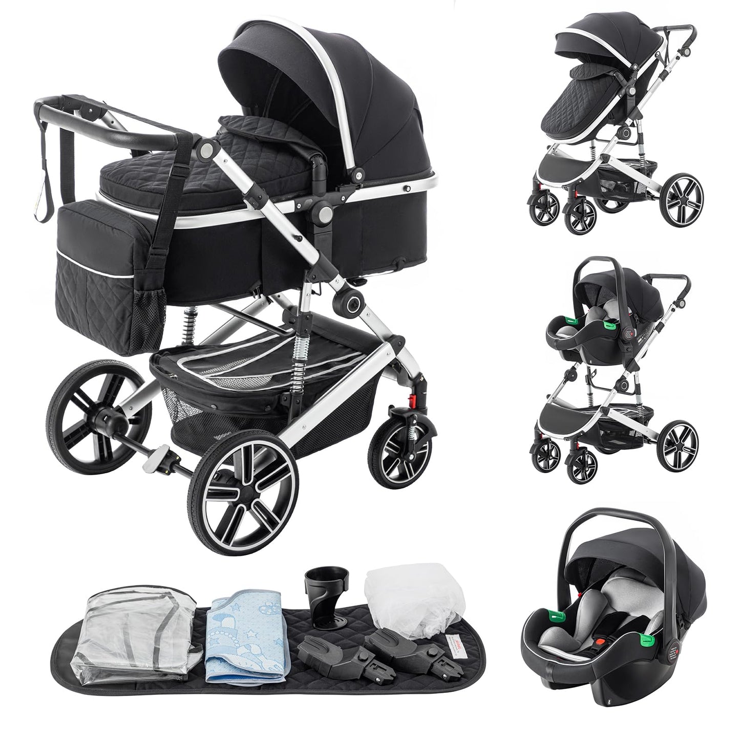 Zkipm Baby Pram 3 in 1, Foldable Baby Stroller,Pram Set Travel with Adjustable-Height Push Handle, Present Rain Cover, Mosquito Net, Bag, Cooling Mat, ect for Ages 0–3