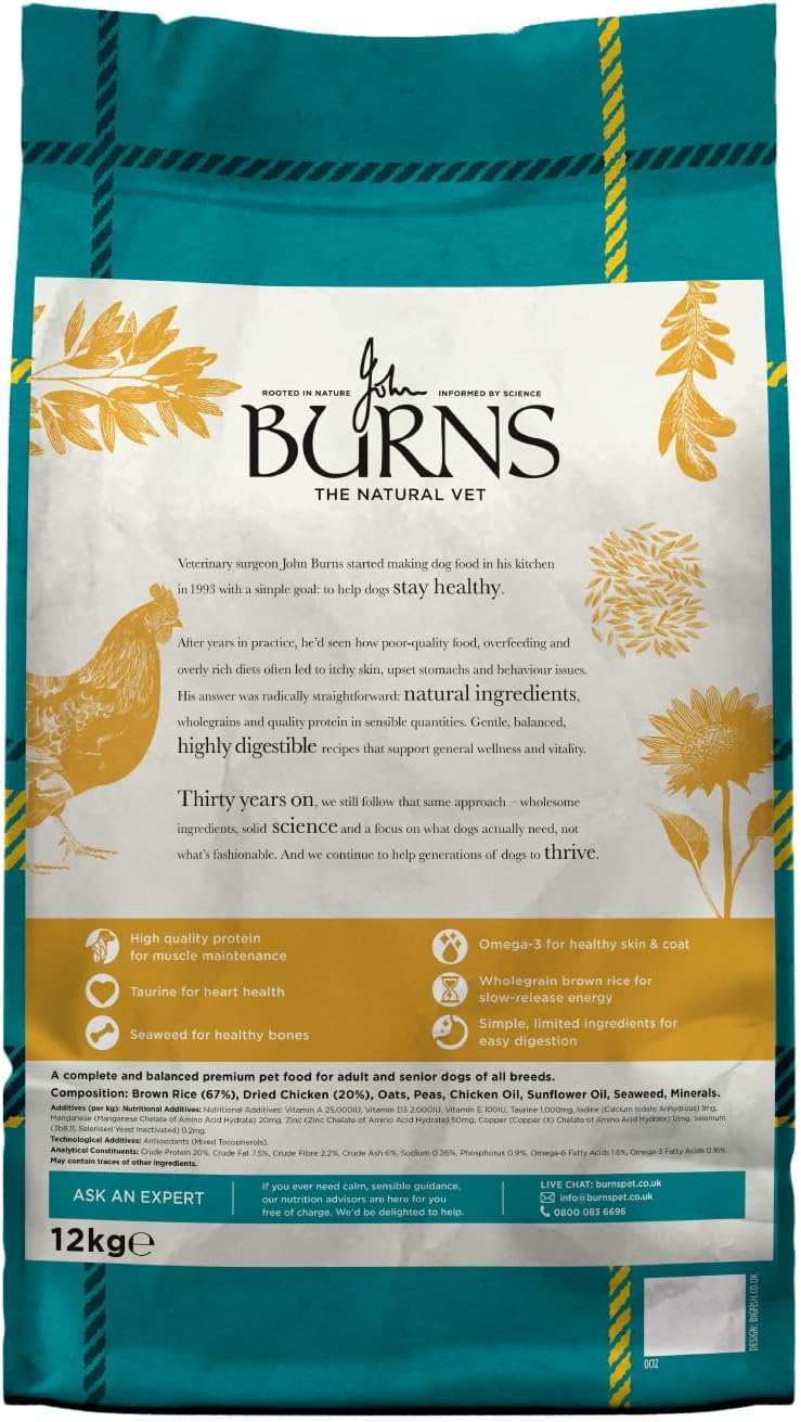 Burns Pet Nutrition Hypoallergenic Complete Dry Dog Food Adult and Senior Dog Original Chicken and Brown Rice 12 kg