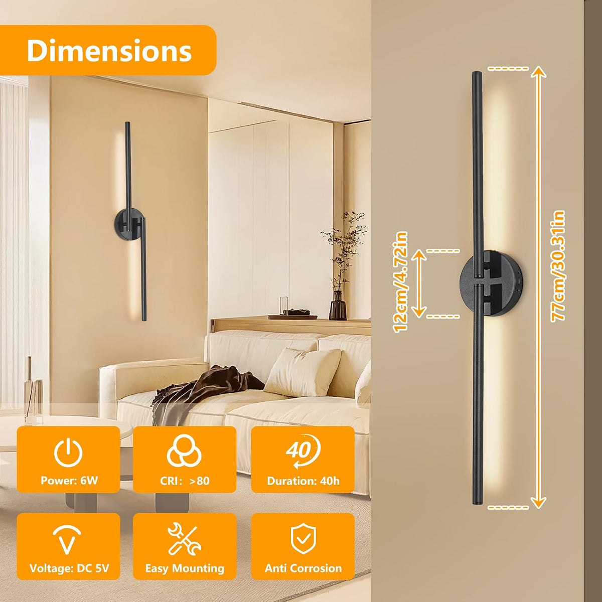 Dehobo 80CM Rechargeable Wall Lights with 8000mAh for Home Decor, 2 Packs