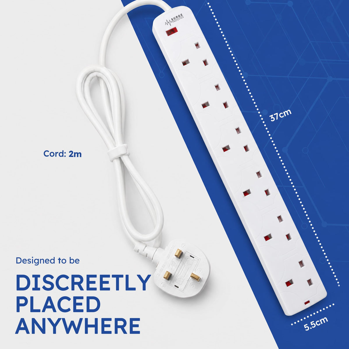 DESIRETECH Black Electric Extension Lead - 4 Gang, 1 Metre Cable with UK Plug & 3 Pin Socket - Wall Mountable & Multi Socket Mains Strip for Home, Bedroom, Kitchen, & Office (1 Pack)