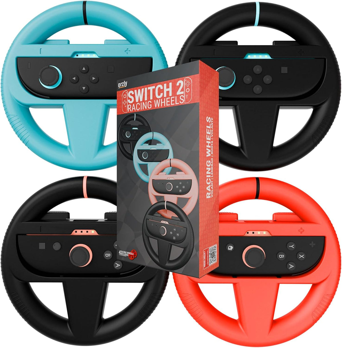 Orzly Racing Steering Wheels – Compatible with Switch 2 (2025 Console) – Party Pack of 4 Joy-Con Controller Attachments for Racing Games (2 Black, 1 Blue, 1 Red)